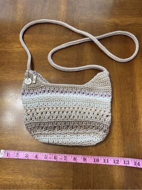 The Sak Crochet Crossbody Bag in Beige with Cream and Lavender Accents